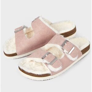 Tween Girls Faux Fur Double Buckle Slides - Pink